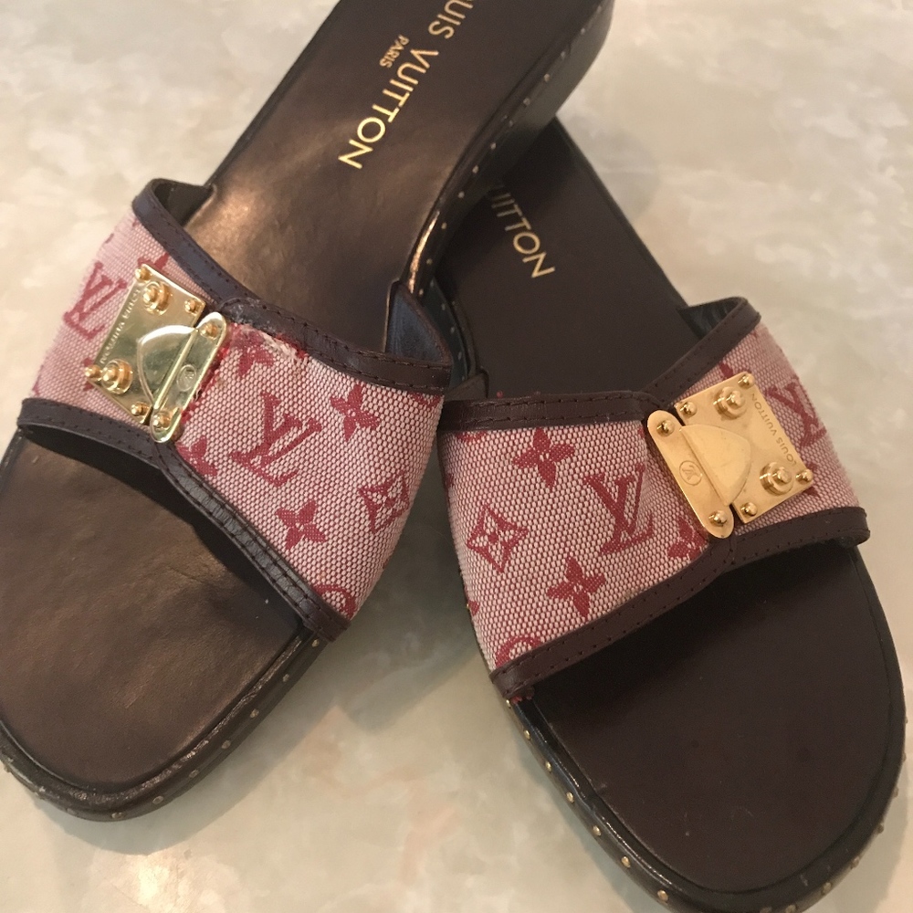 Classic Louis Vuitton Canvas/Wooden Slides/Mules